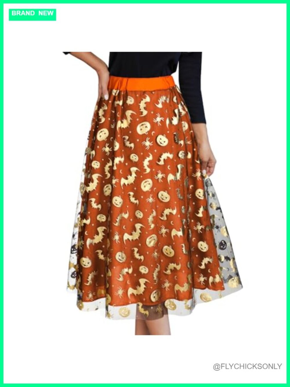 Women's Halloween Tulle Tutu Skirt Gold Pumpkin Bat Midi